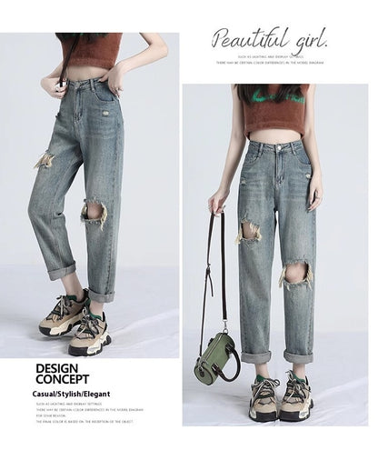 Ripped Daddy Jeans For Women Spring And Autumn 2024 New High Waist Loose Small