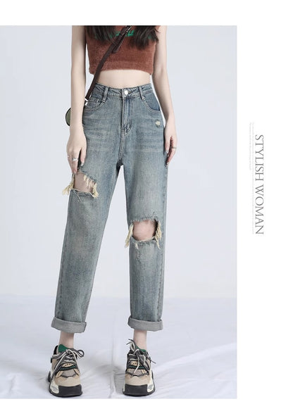Ripped Daddy Jeans For Women Spring And Autumn 2024 New High Waist Loose Small