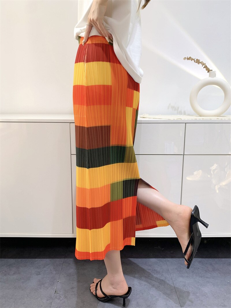 Pleated Summer New Rainbow Print Pleated Hundred High Waist Skinny After Open Fork The Long Women's Half-body Skirt