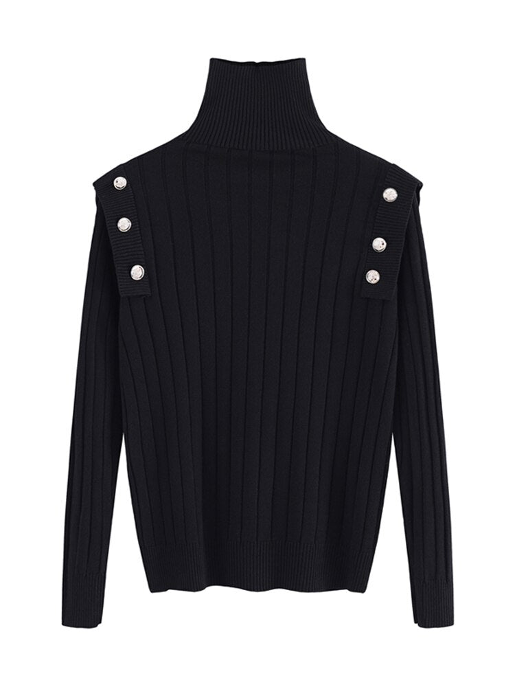 Pullover High Neck Knitwear Women's Spring And Autumn New Slim Button Decoration Long Sleeve Thin Sweater Bottoming Trend