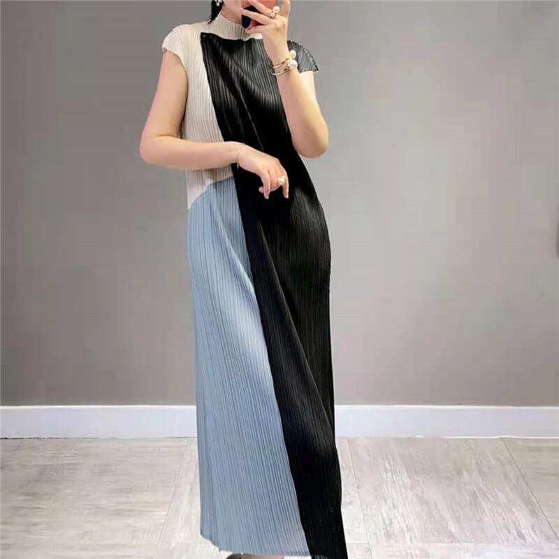 Pleated A-line Dress One Button Long Dress Sleeveless Vintage Causal Dress Bobo Dress Designer Clothing