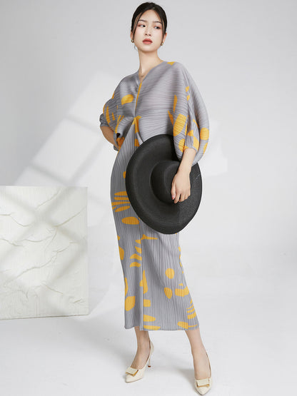 Pleated Dress For Women V Neck Batwing Sleeves Printing Maxi Dresses Female Luxury Evening Clothing