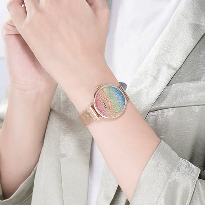 Rainbow Gradient Color Glitter Ladies Watch Mesh Strap Fashion Watch