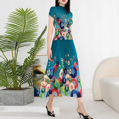 Printed pleated suit for women's pullover, elastic short sleeved top, elastic waist, loose draped half skirt