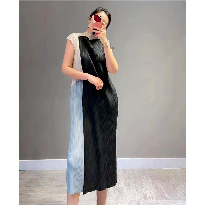 Pleated A-line Dress One Button Long Dress Sleeveless Vintage Causal Dress Bobo Dress Designer Clothing