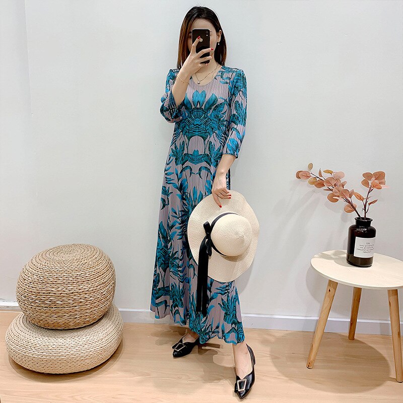 Miyake Pleated Autumn Winter Long Loose Designer Fashion Dress Elegance Women Aesthetic Long sleeve Clothing