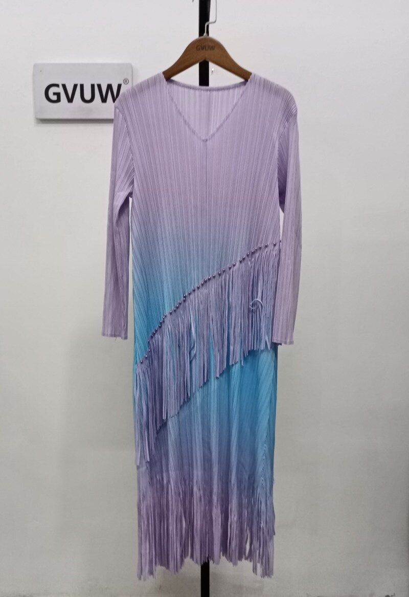 Pleated Dress For Women Gradient Color Round Collar Tassel Long Sleeve Loose  Summer Female Elegant