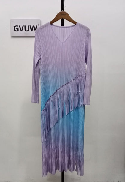 Pleated Dress For Women Gradient Color Round Collar Tassel Long Sleeve Loose  Summer Female Elegant