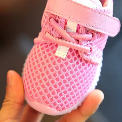 Children 1-3-6 years old baby toddler shoes light soft bottom shoes LED with light and breathable baby shoes net shoes