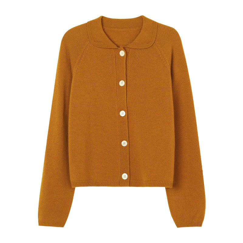 White Lapel Knitted Cardigan Loose Solid Color