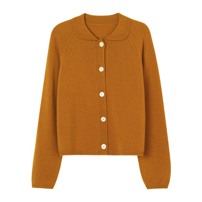 White Lapel Knitted Cardigan Loose Solid Color