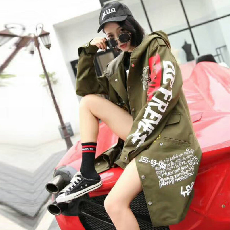 Printed hooded trench coat