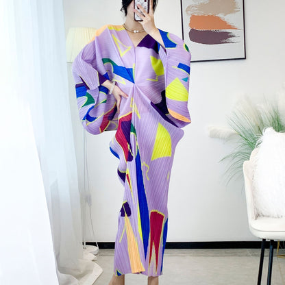 Miyake Pleated Temperament V-neck Geometric Pattern Printing Bat Sleeve Women's Long Dress High Stretch Large Vintage Fashion