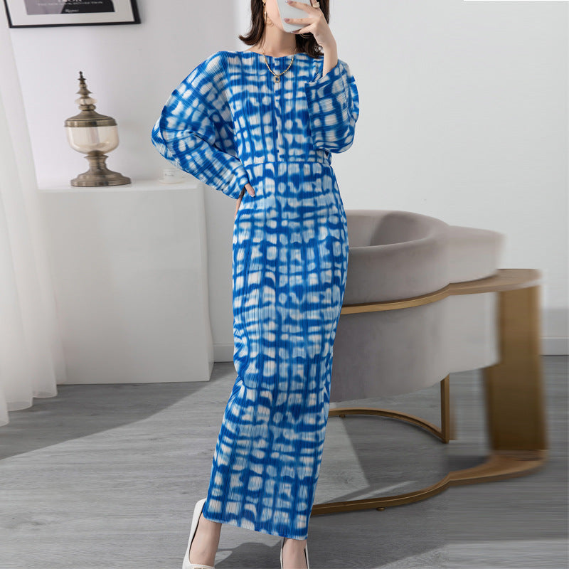 Long Dress For Women Printed Round Neck Pleated Dresses Female Trendy Festival Clothing