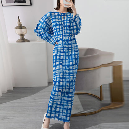 Long Dress For Women Printed Round Neck Pleated Dresses Female Trendy Festival Clothing