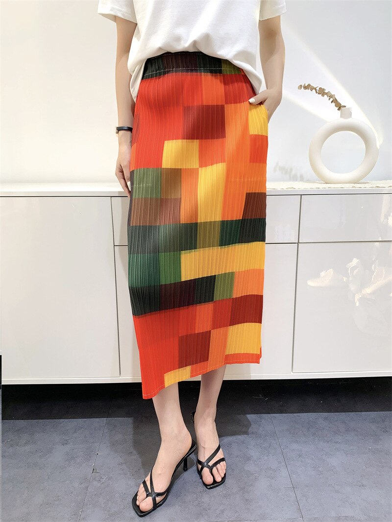 Pleated Summer New Rainbow Print Pleated Hundred High Waist Skinny After Open Fork The Long Women's Half-body Skirt