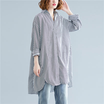 Plus Size Women's 200 Kg Autumn Coat Was Thin Striped Shirt Covering Meat