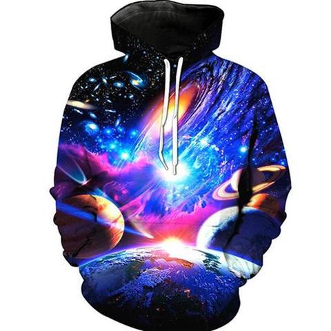 3D Galaxy Star Print Hooded Pocket Pullover Trendy Hooded Men's Sweater