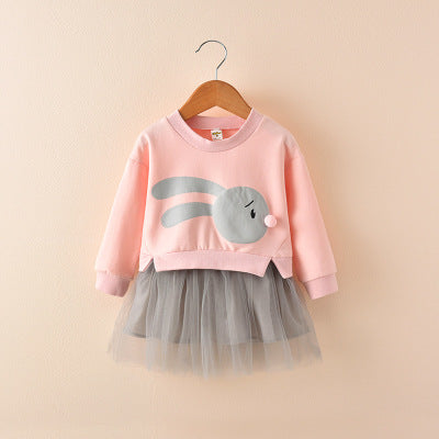 Kids girls dress autumn 2021 new children long sleeved chiffon skirt sweater stitching false two dress