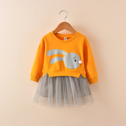 Kids girls dress autumn 2021 new children long sleeved chiffon skirt sweater stitching false two dress