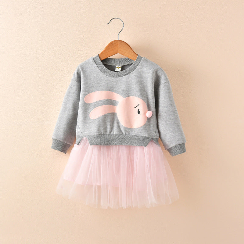 Kids girls dress autumn 2021 new children long sleeved chiffon skirt sweater stitching false two dress
