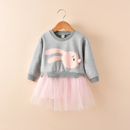 Kids girls dress autumn 2021 new children long sleeved chiffon skirt sweater stitching false two dress