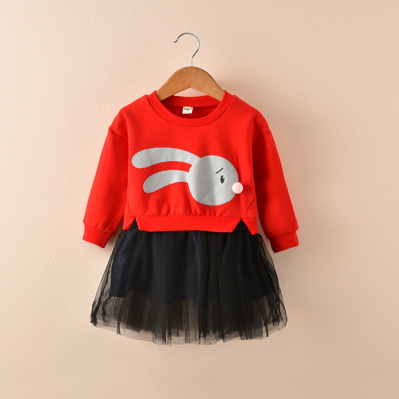 Kids girls dress autumn 2021 new children long sleeved chiffon skirt sweater stitching false two dress