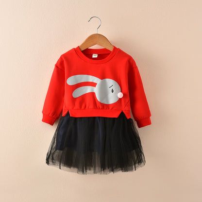 Kids girls dress autumn 2021 new children long sleeved chiffon skirt sweater stitching false two dress