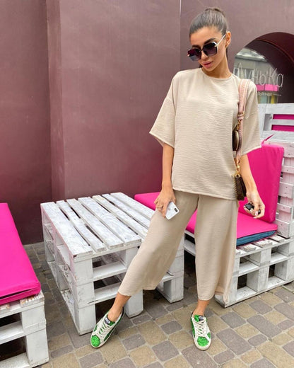 Sexy Fashion Khaki Women's Set Summer Casual Two Piece Set Short Sleeve Tops Shirt And Loose Beach Pants Set Bottom Suit Outfits