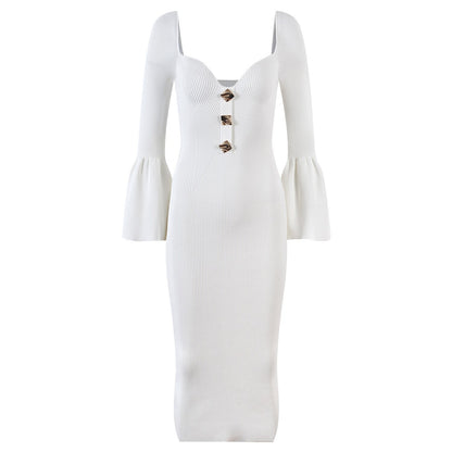 New Spring Unique Heart Collar Long Sleeve Customize Buttons Black White 2 Colors Sexy Street Long Knitted Women European Dress