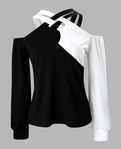 Black And White Patchwork Casual Fashion Cross Belt Women's Top