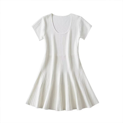 PB&ZA summer new women's temperament solid colour fashion round neck chic waist slip ice knit mini dress