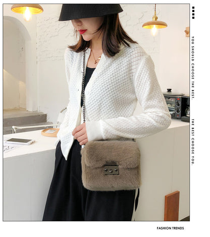 Faux Mink Small Square Bag Hand Carry One-Shoulder Messenger Bag