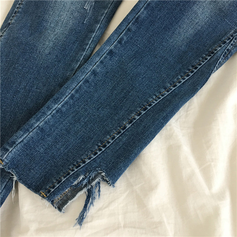 [Huang Zheng] autumn Korean wear white irregular trimless slim straight stretch ladies Denim Long pants K7202
