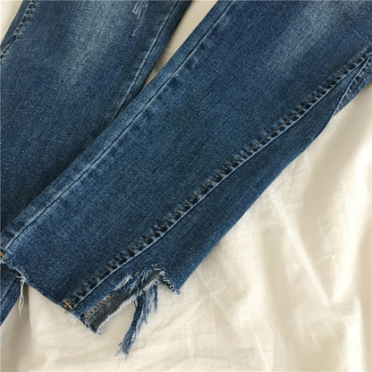[Huang Zheng] autumn Korean wear white irregular trimless slim straight stretch ladies Denim Long pants K7202