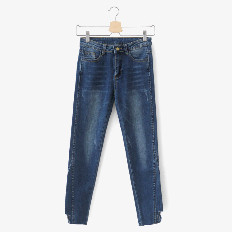 [Huang Zheng] autumn Korean wear white irregular trimless slim straight stretch ladies Denim Long pants K7202
