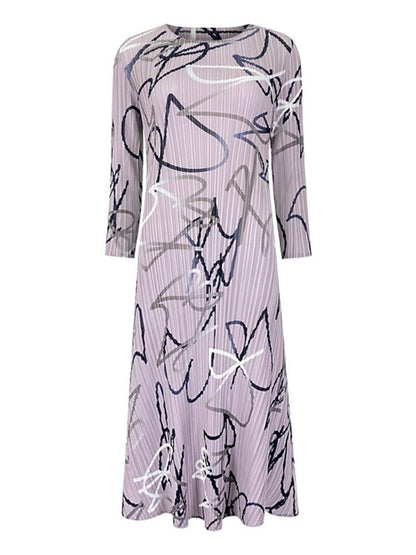 Print Fashion Pleated Elegant Lady Medium Long Round Collar Niche Design New Summer Loose A Line Casual 15KB2482