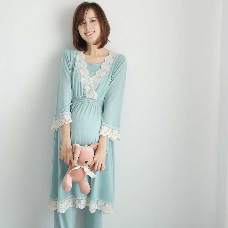 2021 spring and autumn new Japanese maternity dress pregnant women breastfeeding clothes month clothes postpartum home service lace pajamas set
