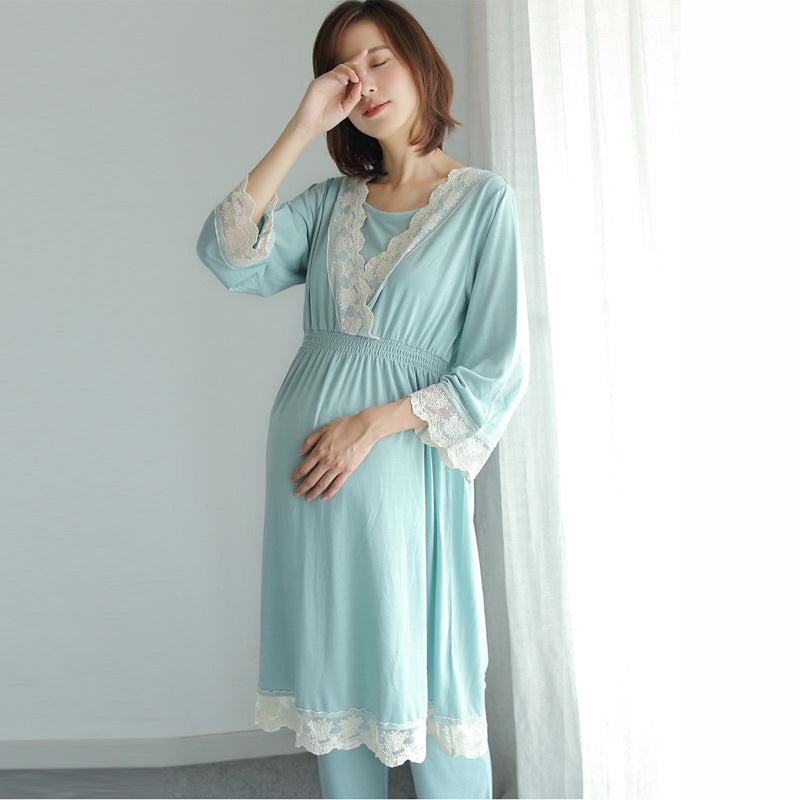 2021 spring and autumn new Japanese maternity dress pregnant women breastfeeding clothes month clothes postpartum home service lace pajamas set