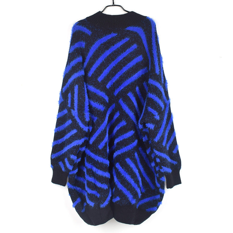 Pullover Sweater Women's Half High Collar Loose Knit Contrast Stripe Fashion Temperament Autumn And Winter