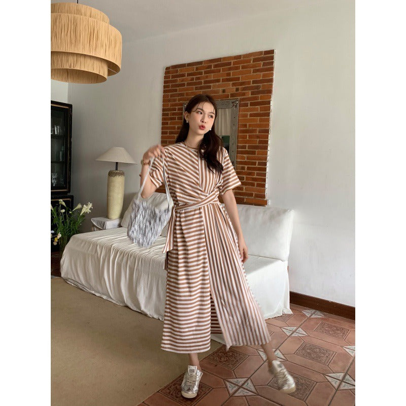 Korean Version of French Design with Irregular Tie Up Waist And Round Neck, Medium Length Split Stripe Short Sleeved Dress
