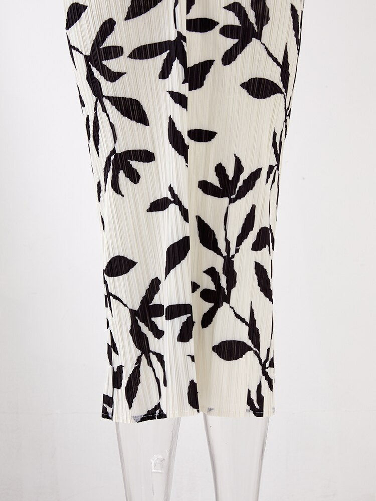 Printed Pleated Dress For Women V-neck Long Batwing Sleeves Contrast Color Dresses Female Clothing
