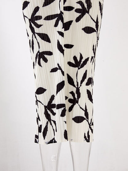 Printed Pleated Dress For Women V-neck Long Batwing Sleeves Contrast Color Dresses Female Clothing