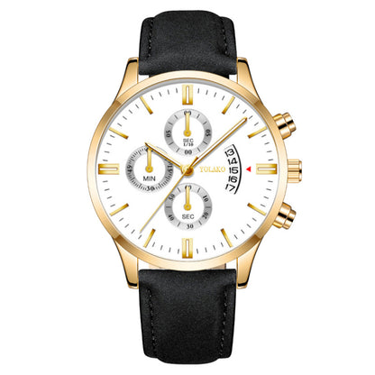 Fashion Three-eye Six-hand Men's Belt Quartz Watch