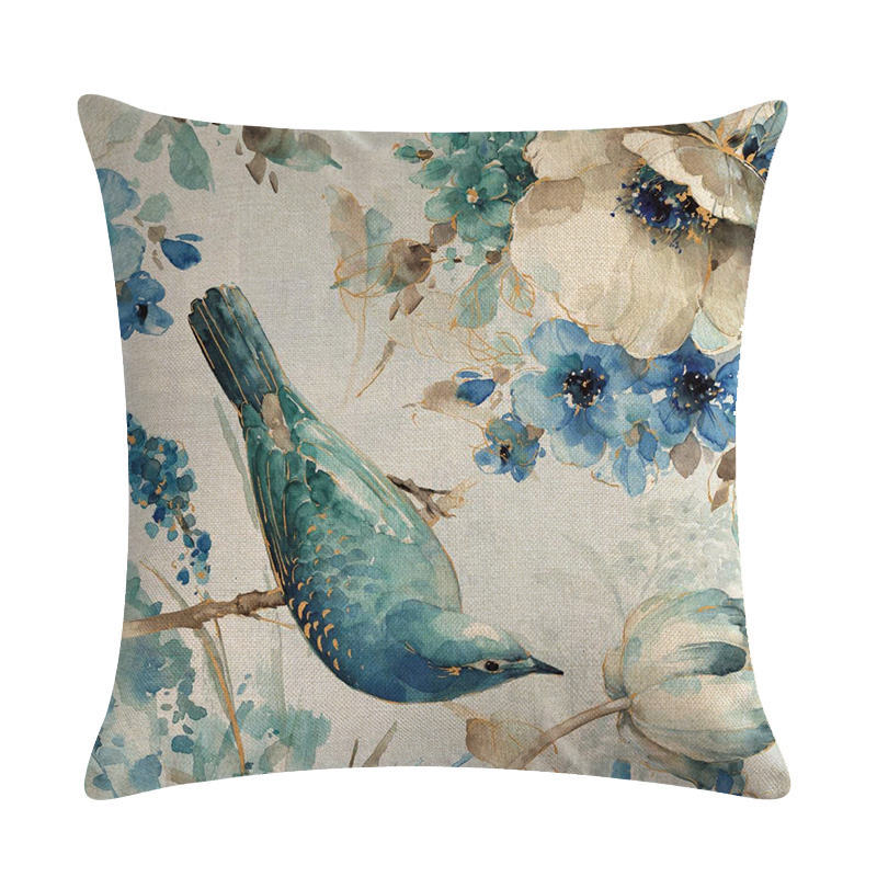 Blue style oil painting bird and flower pillow