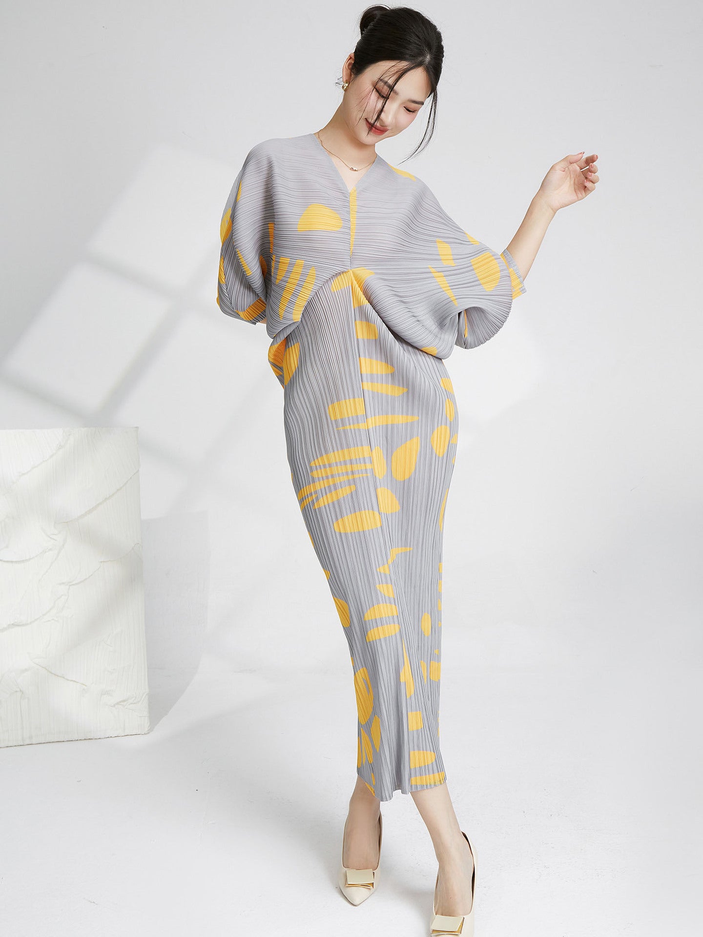 Pleated Dress For Women V Neck Batwing Sleeves Printing Maxi Dresses Female Luxury Evening Clothing