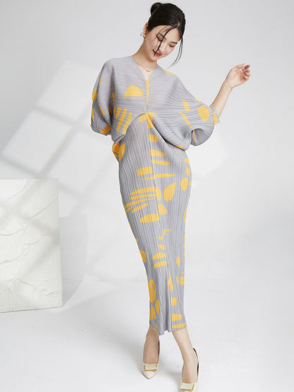 Pleated Dress For Women V Neck Batwing Sleeves Printing Maxi Dresses Female Luxury Evening Clothing