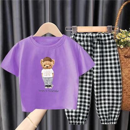 Middle-aged Children's Fashionable And Handsome Loose Plaid Anti-mosquito Pants Two-piece Suit