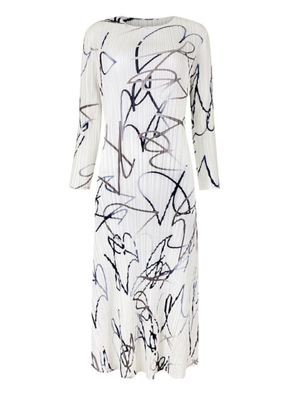 Print Fashion Pleated Elegant Lady Medium Long Round Collar Niche Design New Summer Loose A Line Casual 15KB2482