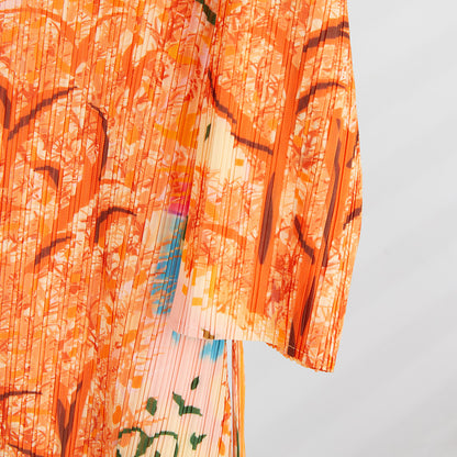 Pleated Belt Dress For Women Fashion Printed Round Neck Long Sleeves A-line Dresses Female Clothing